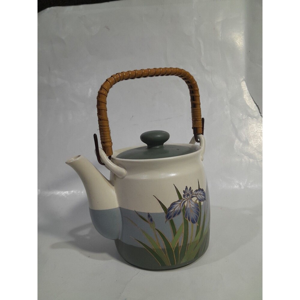 Vintage Ceramic Teapot Floral, Orchid Bamboo Handle Japan
